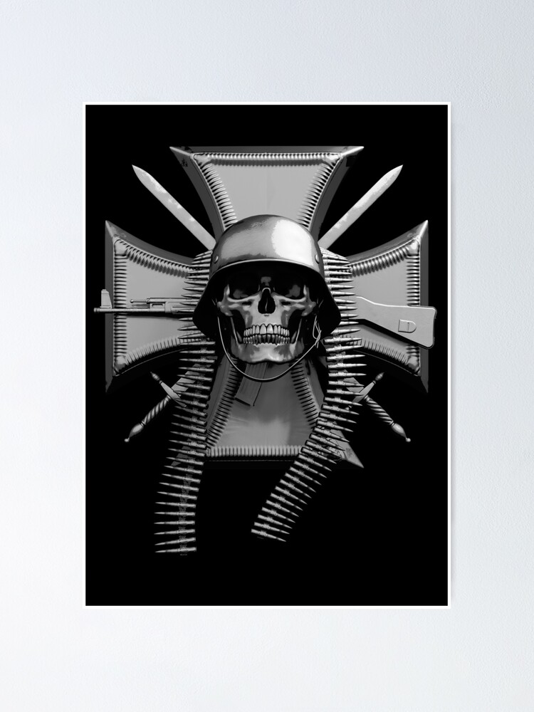 "Iron Cross Swords Skull Helmet MG 42 Bullet Belt & StG 44" Poster for