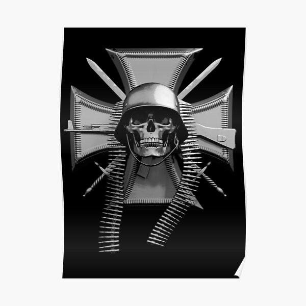 "Iron Cross Swords Skull Helmet MG 42 Bullet Belt & StG 44" Poster for
