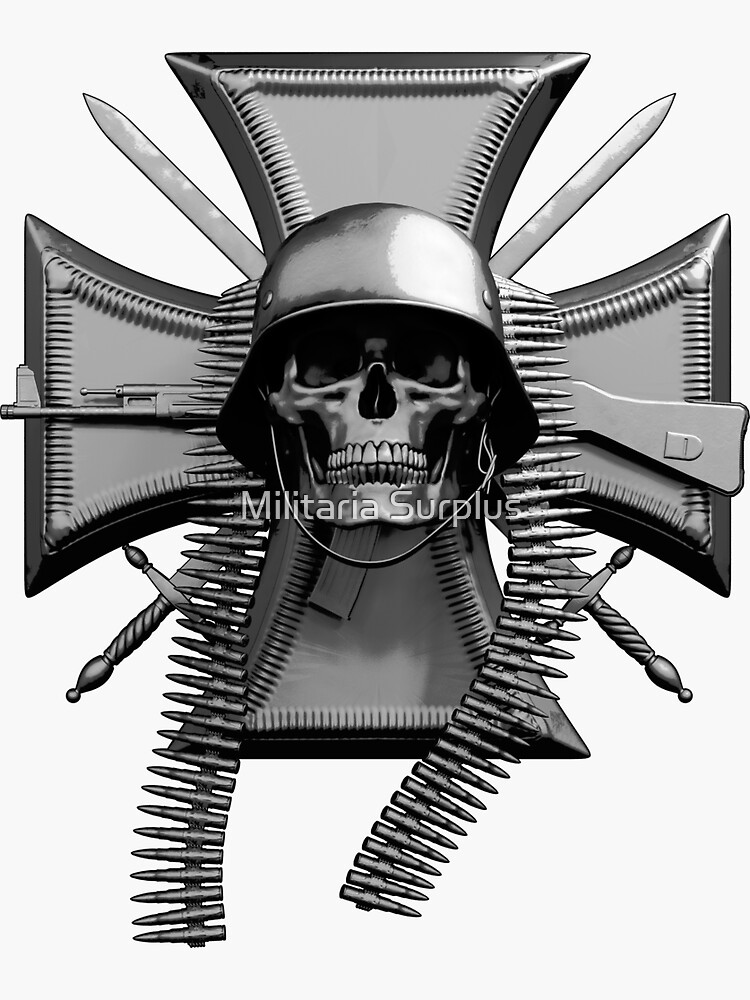 "Iron Cross Swords Skull Helmet MG 42 Bullet Belt & StG 44" Sticker for