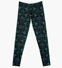 Vintage Leaf and Vines Turquoise Teal and Black Leggings
