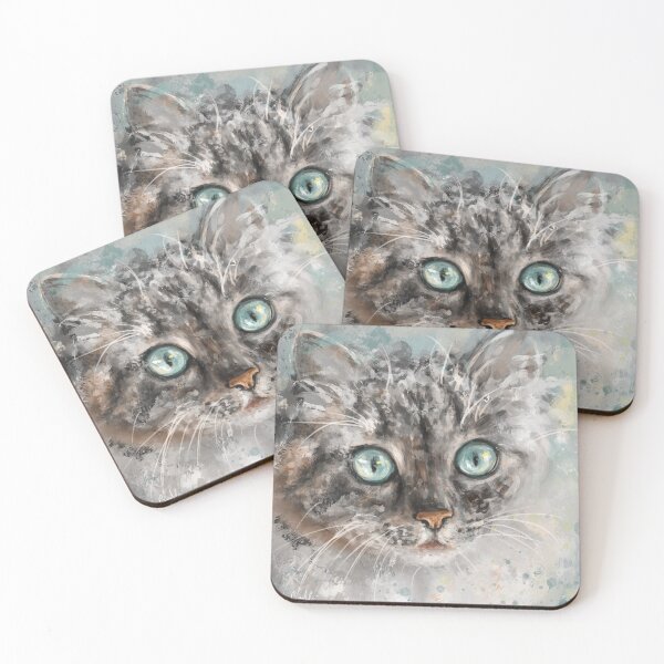 Item preview, Chaotic Painting of a Grey and White Cat with Gorgeous Light Blue Eyes designed and sold by ibadishi.