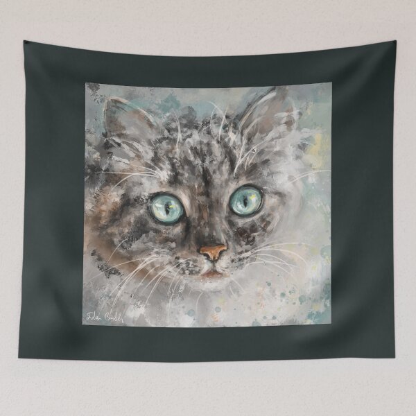 Item preview, Chaotic Painting of a Grey and White Cat with Gorgeous Light Blue Eyes designed and sold by ibadishi.