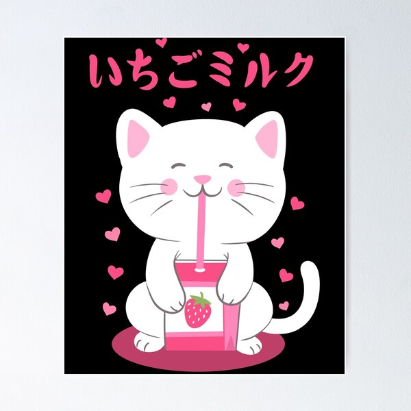 Cat Drinking Strawberry Milk Poster for Sale by DoseOfKawaii