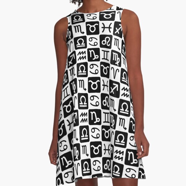 Zodiac Symbol in Black and White Checkered Pattern A-Line Dress