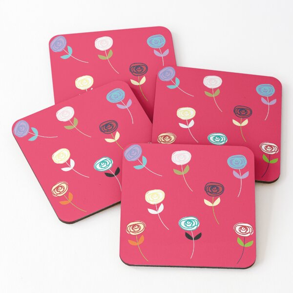 Item preview, Little Rose, cute multi-colour flower icons on dark coral pinky red designed and sold by Susan Marie Williams.