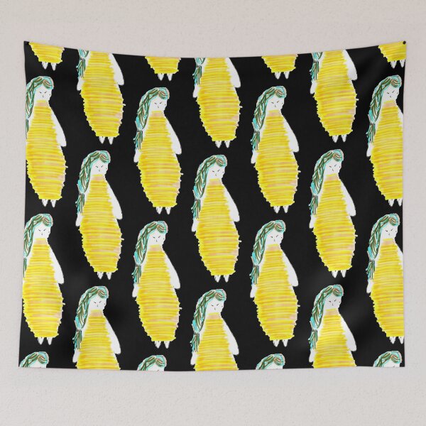 Item preview, Girl Doll Brunnette Yellow Dress Hand Drawn Black Background designed and sold by H3designs.
