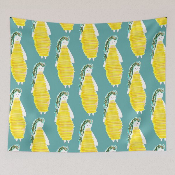 Item preview, Girl Doll Brunnette Yellow Dress Hand Drawn Teal Turquoise Background designed and sold by H3designs.