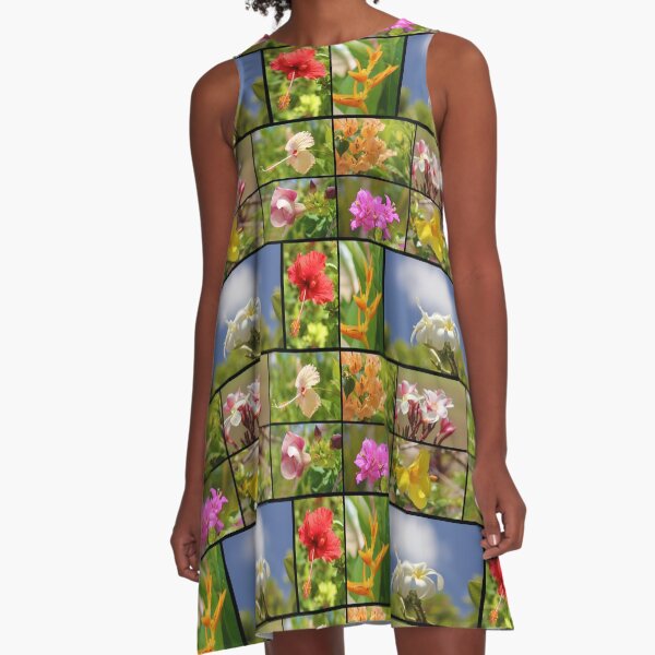 Tropical Flowers Collage Plumeria Hibiscus Soft Focus A-Line Dress