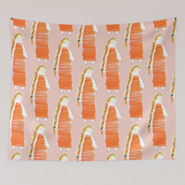 Item preview, Girl Doll Redhead Orange Dress Hand Drawn Pale Pink Background designed and sold by H3designs.