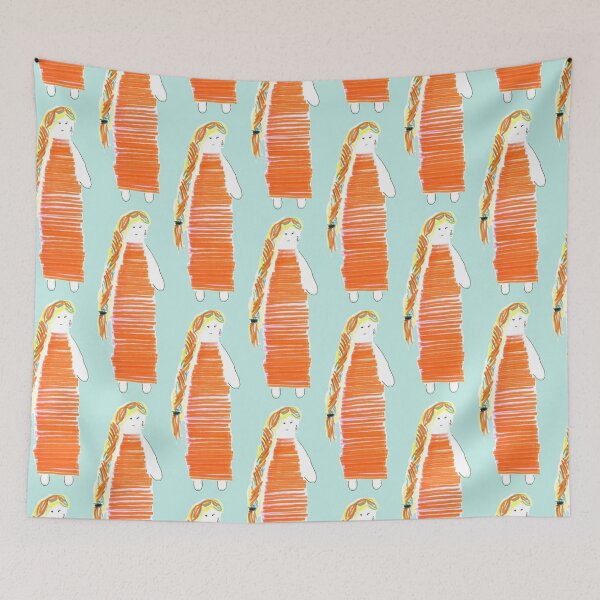 Item preview, Girl Doll Redhead Orange Dress Hand Drawn Pale Teal Turquoise Background designed and sold by H3designs.
