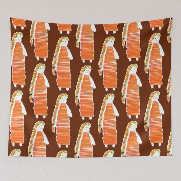 Item preview, Girl Doll Redhead Orange Dress Hand Drawn Maroon Background designed and sold by H3designs.