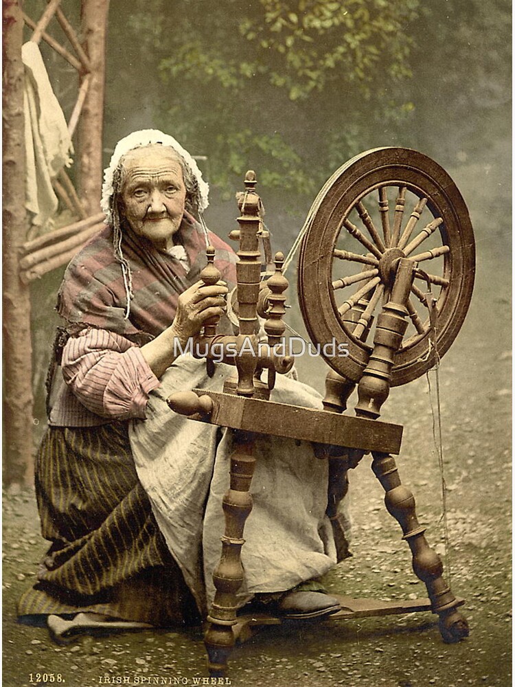 Thumbnail 3 of 3, Sticker, Old Irish Woman Spinner With Spinning Wheel designed and sold by MugsAndDuds.