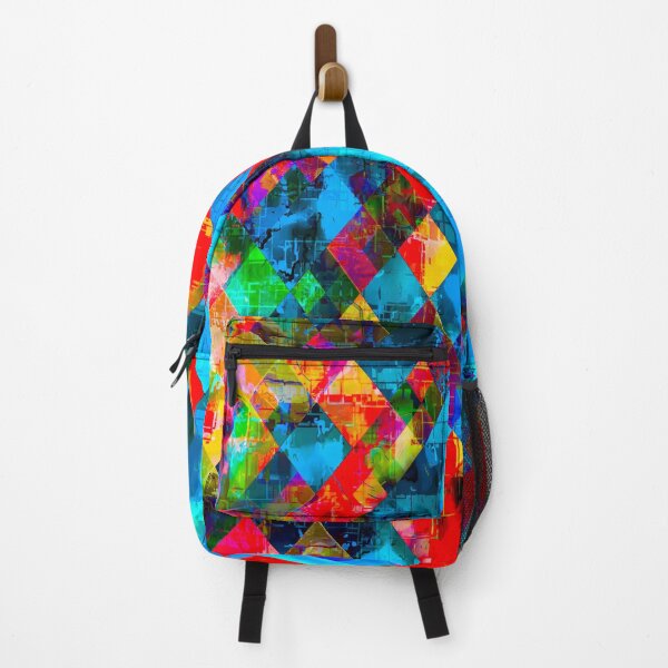 Item preview, colorful geometric pixel square pattern abstract background in blue red pink designed and sold by Mrvell.