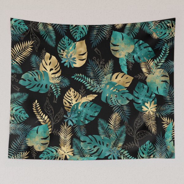 Item preview, Teal and Gold foil leaves, bright and lush foliage pattern, large teal and gold tropical leaves designed and sold by Orianah.
