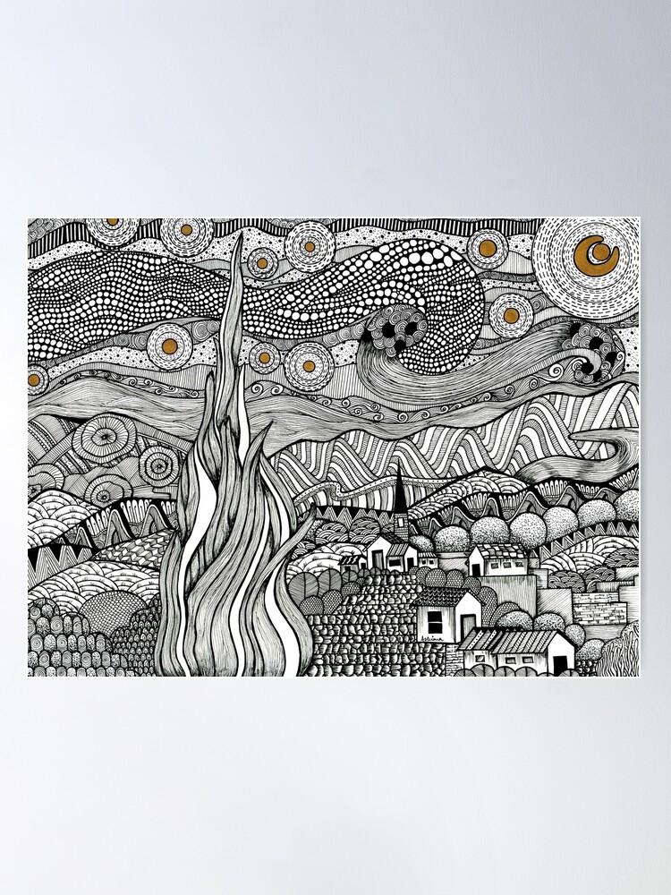 Starry night - Vincent Van Gogh - Zentangle Art