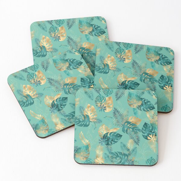 Item preview, Teal and Gold foil leaves, bright and lush foliage pattern, large teal and gold tropical leaves designed and sold by Orianah.