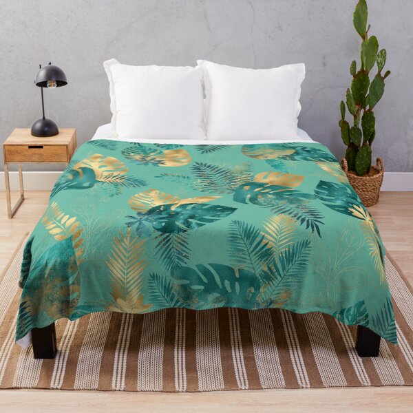 Item preview, Teal and Gold foil leaves, bright and lush foliage pattern, large teal and gold tropical leaves designed and sold by Orianah.