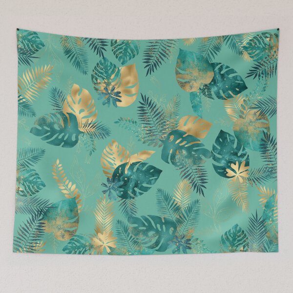 Item preview, Teal and Gold foil leaves, bright and lush foliage pattern, large teal and gold tropical leaves designed and sold by Orianah.