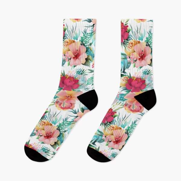 Item preview, Colorful watercolor painted flowers, beautiful teal green leaves, pink and yellow flowers pattern designed and sold by Orianah.