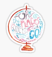 Oh The Places You'll Go - Typography Vintage Globe in Pink Blue Grey Sticker