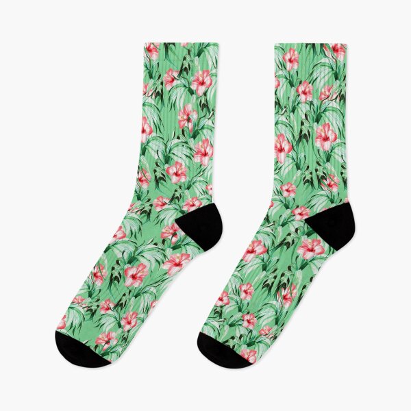 Item preview, Beautiful tropical watercolor pink hibiscus flowers and green leaves, bright pink and green tones designed and sold by Orianah.
