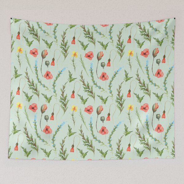 Item preview, Beautiful watercolor red poppy flowers and green leaves, lovely flower stems in watercolor designed and sold by Orianah.