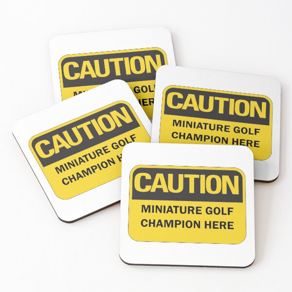 Item preview, Caution: miniature golf champion here warning saying with yellow and black typography designed and sold by Deegital18.