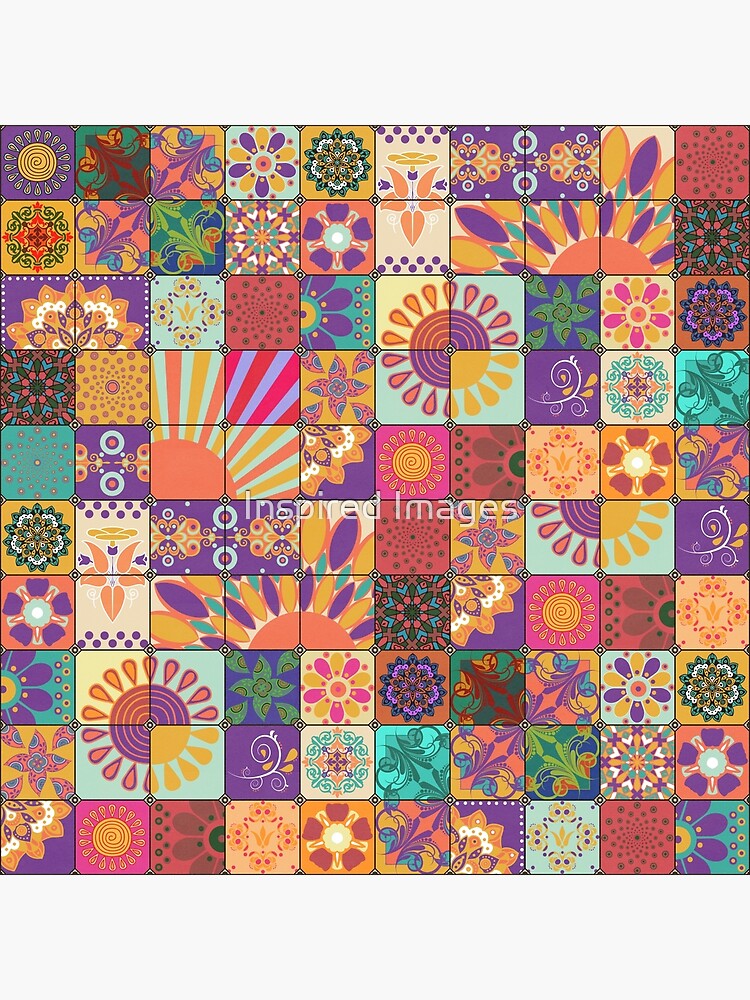 70's Retro Boho Vibes, Groovy Patchwork Pattern, In Orange, Purple