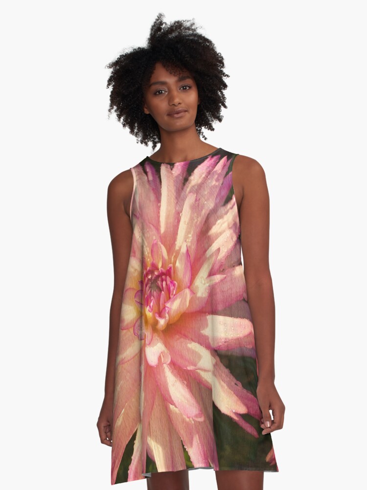 Thumbnail 1 of 4, A-Line Dress, Gift for Gardener - Dazzling Pink Dahlia designed and sold by OneDayArt.