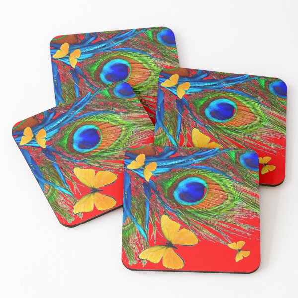 Item preview, PEACOCK FEATHER YELLOW BUTTERFLY FLORAL RED ART designed and sold by sharlesart.