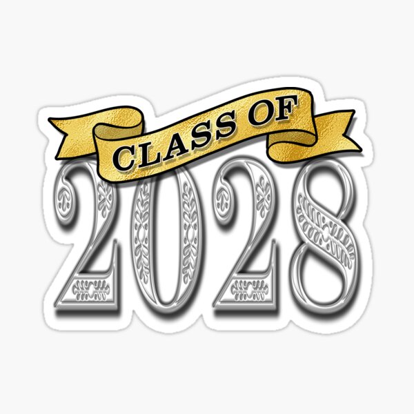 Class Of 2028 Gold Ribbon Silver Flourished Numbers Sticker For