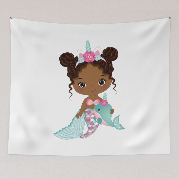Aperçu de l'œuvre Petite sirène licorne afro-américaine mignonne créée et vendue par CreativeMill.