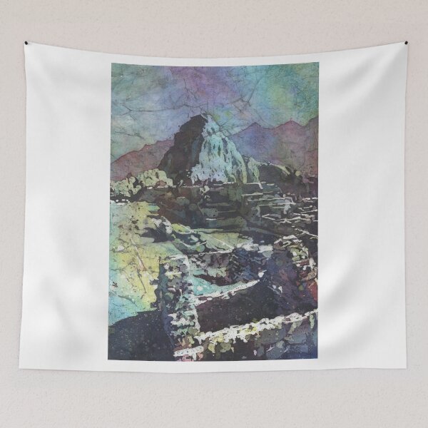 Item preview, Machu Picchu Incan ruins in Peru.  Fine art watercolor painting of Incan ruins of Machu Picchu Inca Trail batik artwork designed and sold by rfoxphoto.