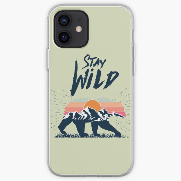 Walking bear silhouette with mountains landscape double exposure effect stay wild caption iPhone Soft Case