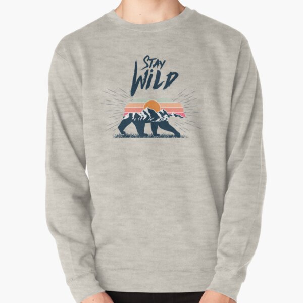 Walking bear silhouette with mountains landscape double exposure effect stay wild caption Pullover Sweatshirt
