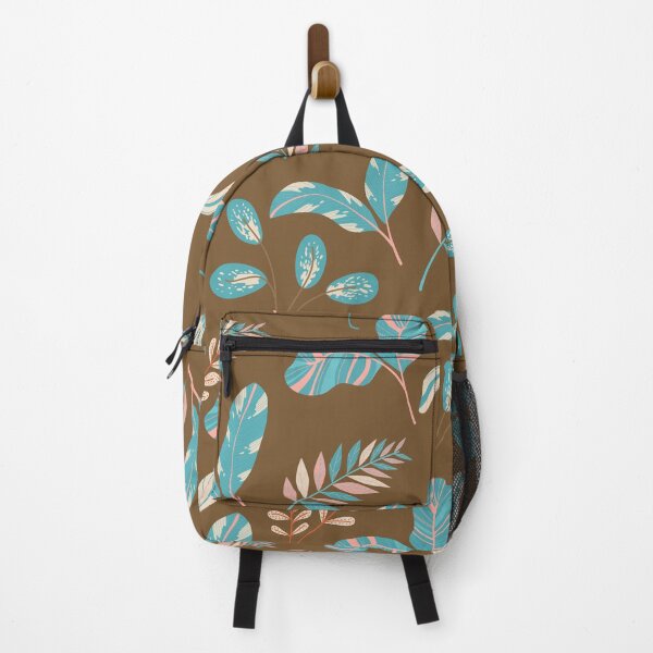 Item preview, Turquoise teal pink white leaves pattern on chestnut brown designed and sold by fowons.