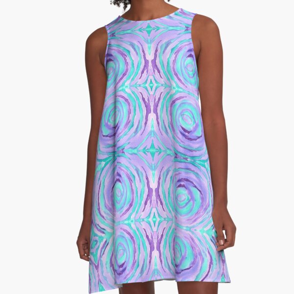 Watercolor Purple Turquoise Swirl Repeating Pattern A-Line Dress