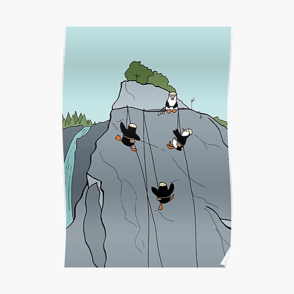 Daredevil Penguin Family Tries Rock Climbing Poster