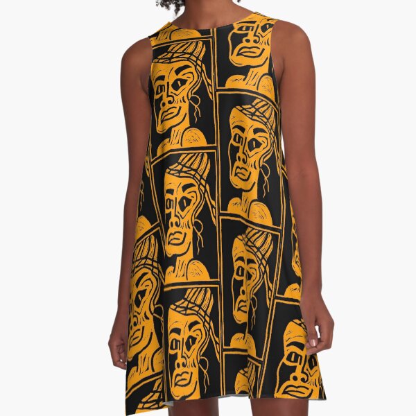 African Linocut Orange A-Line Dress