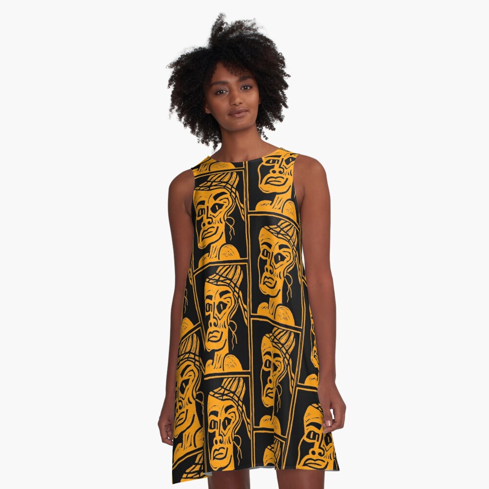 African Linocut Orange A-Line Dress