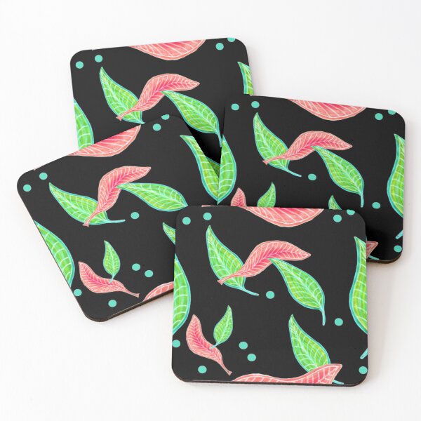 Item preview, Salmon Pink And Green Leaf Pattern Hand Drawn Black Background designed and sold by H3designs.