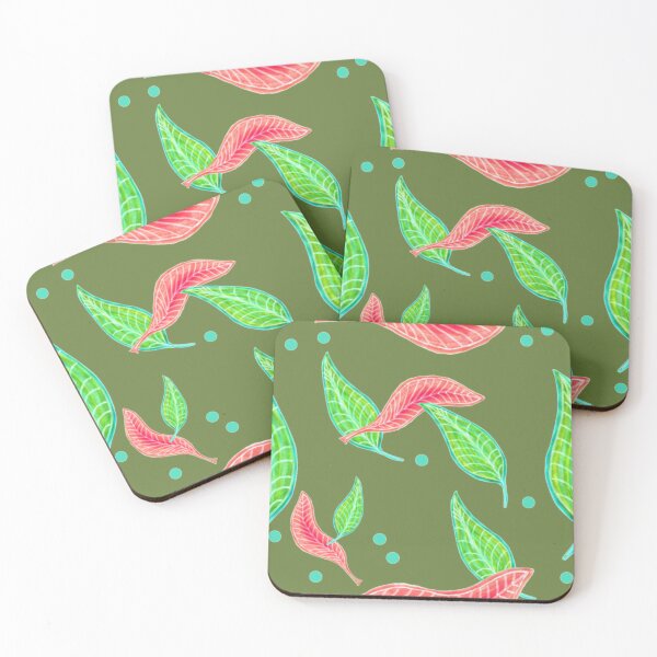 Item preview, Salmon Pink And Green Leaf Pattern Hand Drawn Olive Green Background designed and sold by H3designs.
