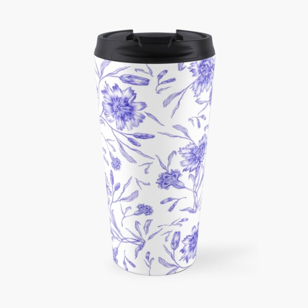 Claveles azules con hojas, patrón floral Taza de café de viaje