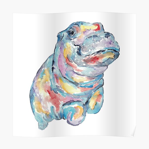 Blue Hippo Art Print Wall Decor Abstract Watercolor Painting