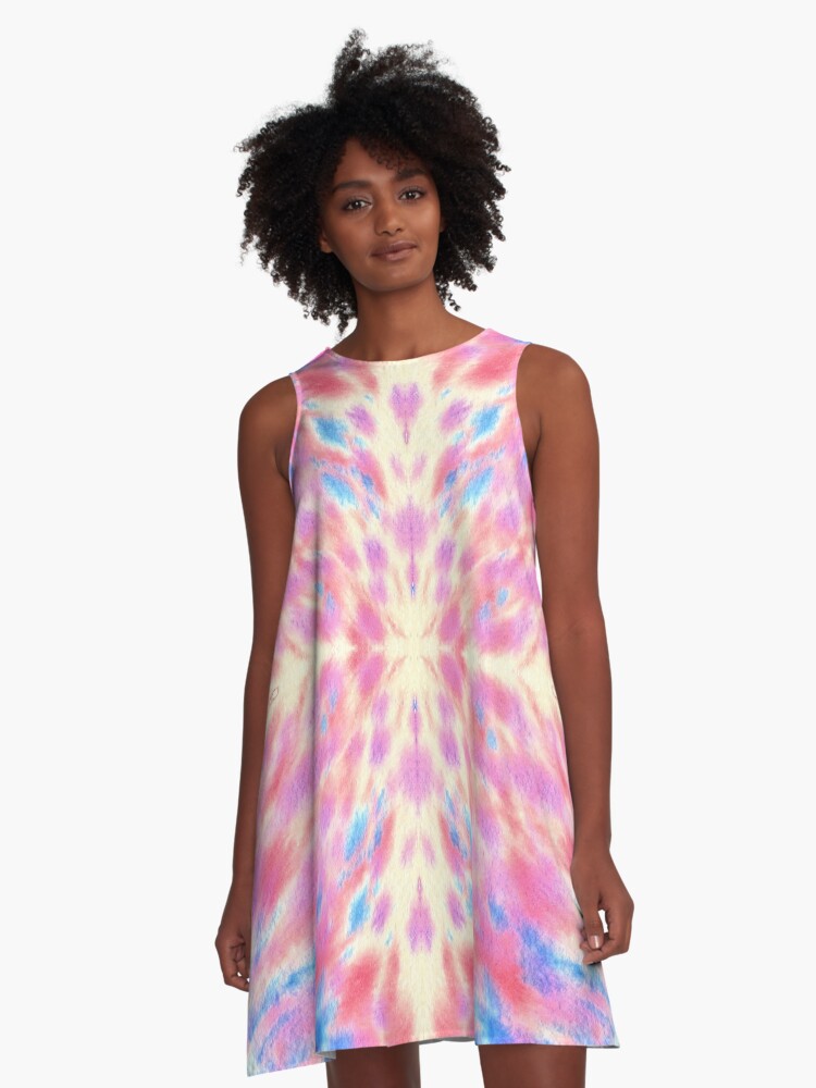 Thumbnail 1 of 4, A-Line Dress, Watercolor Pink Blue Floral Fireworks Pattern designed and sold by beverlyclaire.