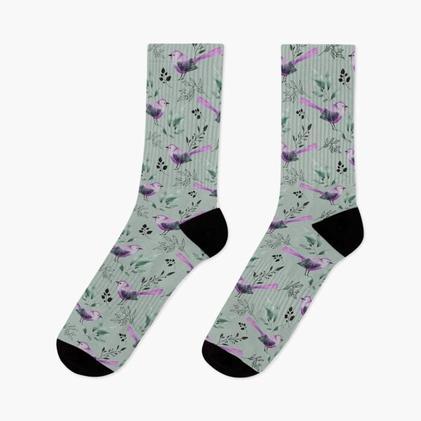 Item preview, Sweet little purple watercolor birds with teal green leaves and line art leaves, pattern designed and sold by Orianah.