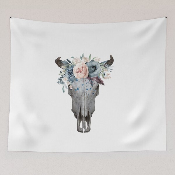 Item preview, Boho style bull horns skull wiht watercolor florals designed and sold by VittaArtDream.