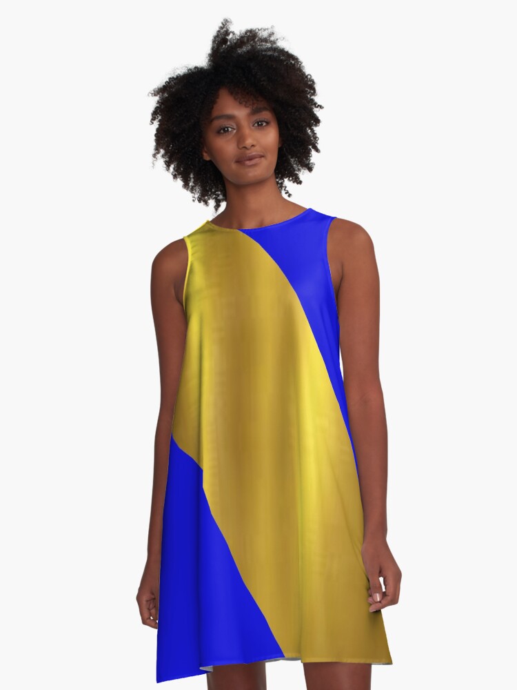 Robe trapèze for Sale avec l'œuvre « bleu avec ceinture dorée » de