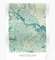 Amsterdam Map Blue Vintage Poster