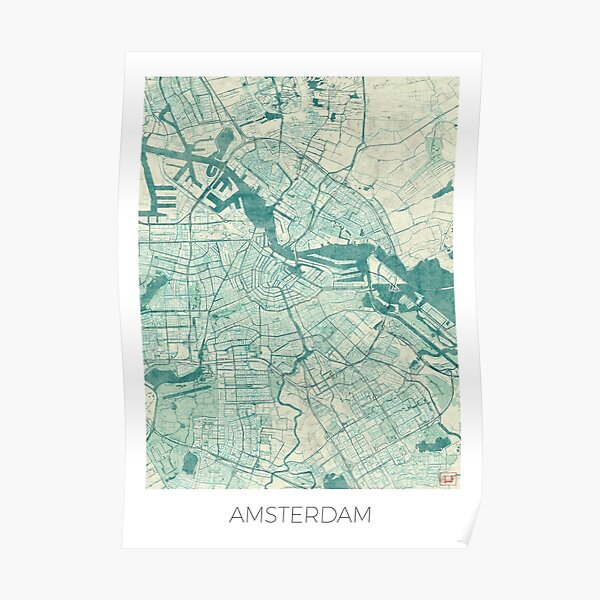Amsterdam Map Blue Vintage Poster